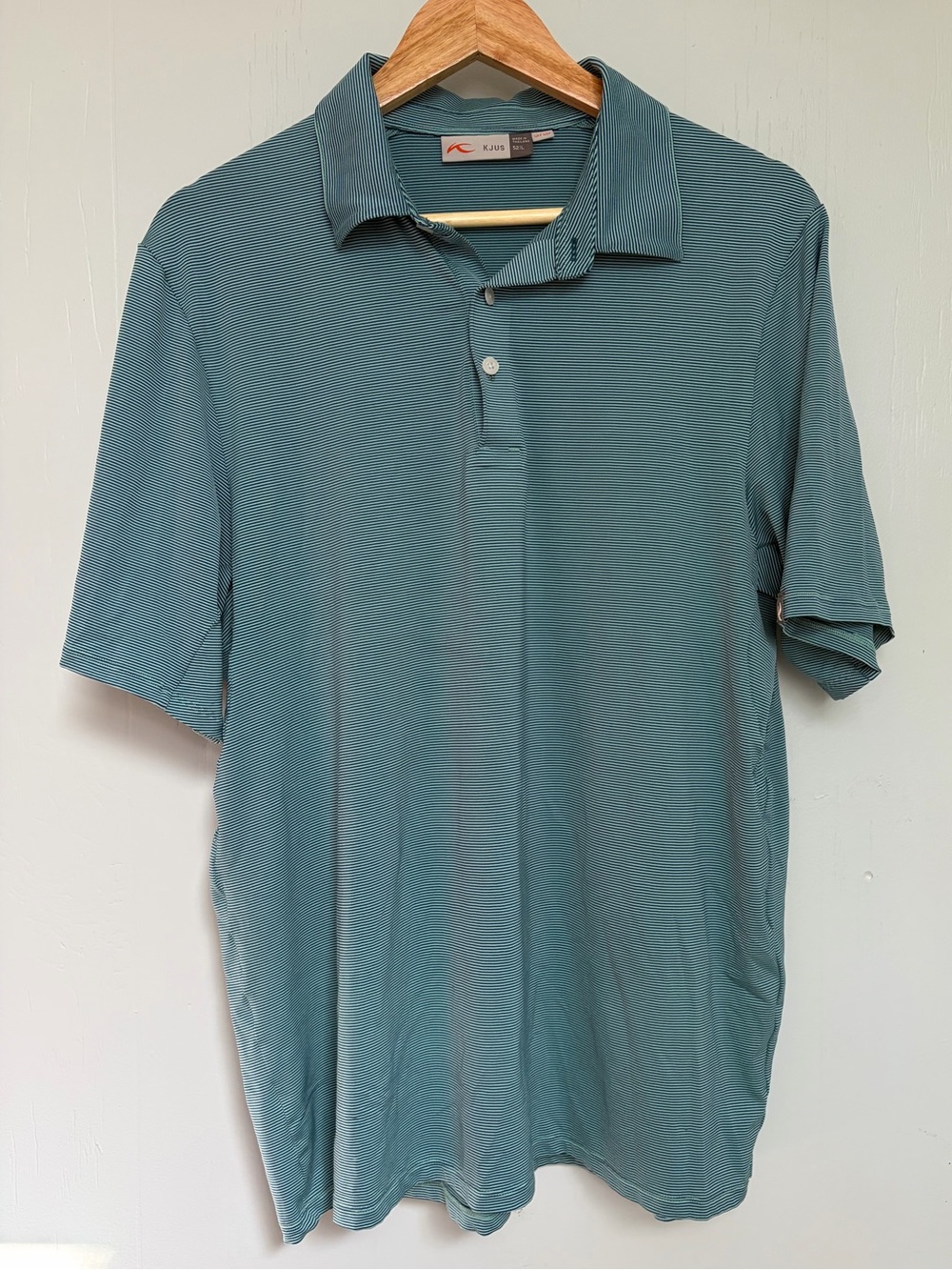 KJUS Men’s Blue Green Striped Golf Polo Performance Short Sleeve Sz 52 L UPF 50+